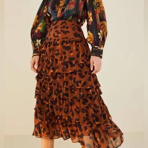 Farm Rio Caramel Maxi Leopard Frill Skirt XS